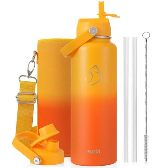 Buzio Duet Series Water Bottle with 2 Lids and Sleeve 1.2L - Yellow Orange